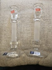 vintage pair of hexagonal crystal and frosted glass candlestick holders picture