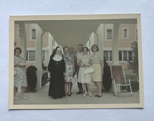 Vtg Color Snapshot Catholic Nun and Family Group Church Convent picture