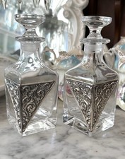 Set 2 Vintage Cristallo Crystal Perfume Bottles Sterling Silver Repousse Italy picture