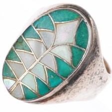sz14 big vintage Edward & Pablita Quam turquoise/shell inlaid size 14 men's ring picture