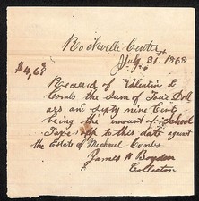 1868 Rockville Centre School Taxes Receipt - Michael Combs Estate picture