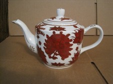 CERAMIC WHITE WITH RED/BURGUNDY FLORAL DESIGN GOLD TRIM TEAPOT #016 ON BOTTOM picture