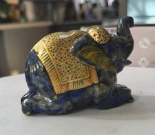 Vintage Hand Carved Lapis Lazuli Elephant Figurine Painted Gold Details 3
