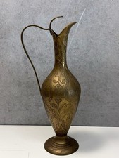 Vintage Hand Engraved Brass Ewer Pitcher Vase – Floral Persian Indian Style picture