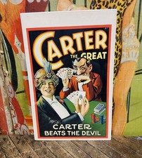 ANTIQUE 1926 CARTER THE GREAT BEATS THE DEVIL POSTER SIGN MAGIC DEVIL POKER RARE picture