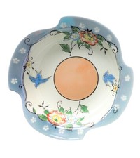 Vintage Blue Rim Lusterware Bowl Birds Floral Flowers Golden Circle Center Japan picture