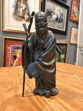Japanese Jurojin Figure Statue Patinated Cast Metal Lucky God 11” Vintage picture