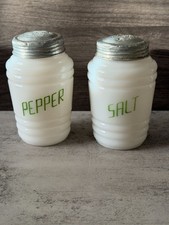 Vintage 30s Hazel Atlas Platonite Milk Glass Green Lettering Salt Pepper Shakers picture