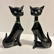 READ Vtg Set of 2 Kreiss MCM Atomic Ceramic Black Cats Green Rhinestone Eyes picture