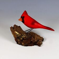 Vintage Signed Folk Art Hand Carved Wood Bird Cardinal With Glass Eyes picture