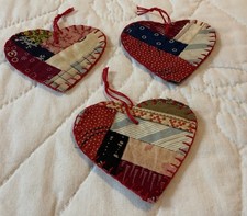 Three Heart Ornaments, Hand Made, Antique Quilt Top, Early Calicos picture