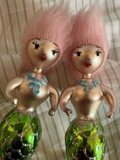 2 Vtg De Carlini Italian Blown Glass Mermaid Ornaments Pink Hair & Green Tail picture