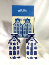 Vtge Country House Dutch Canal House Candle Holders Pair Delft Blue White Boxed picture