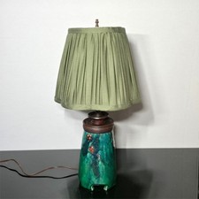 1929 Art and Crafts Pottery Table Lamp Signed KK Green Glaze Leaf & Berry picture