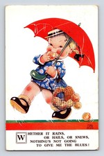 1935 Artist Signed Mabel Lucie Attwenn Rain Won't Give Blues Umbrella Postcard picture