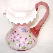 Vntg. Fenton Art Glass Pitcher Dusty Rose Pink Overlay Hand Painted Flower Vase picture
