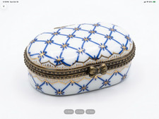Vintage Porcelain Oval Trinket Pill Box Cobalt Blue Gold Trellis Star Hinged Bow picture