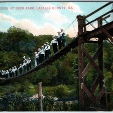c1910s Deer Park, IL Suspension Bridge Postcard LaSalle County Crowd Men Walk picture