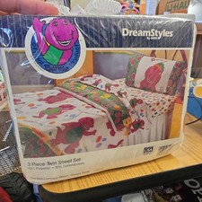 Vintage 1992 Barney 3 PIECE TWIN Bed Sheet DreamStyles NEW IN PACKAGE  picture