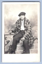 1920s Young Man Fur Coat Flat Cap Day Night Studio AZO RPPC Studio Postcard-1167 picture