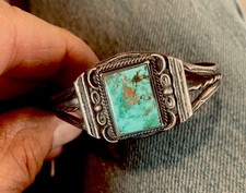 1920’s Early Old Pawn Native Navajo Coin Silver Royston Turquoise Cuff Bracelet picture