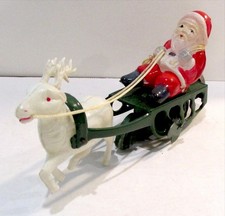 Vintage Christmas Cellluloid Santa Green Tin Sled Sleigh Wind up Reindeer Japan picture