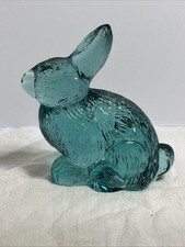 Vintage Mosser Glass Bunny Rabbit Figurine Teal Blue Pressed Easter Spring Decor picture