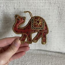 Vintage Neiman Marcus Gold Hand Beaded Hanging Ornament Red Camel Nativity picture