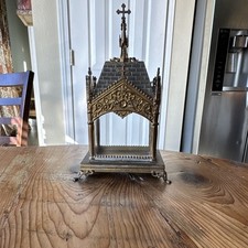 Antique 19thC Neo Gothic Church Brass Reliquary Shrine Chapel Box Intact Glass picture