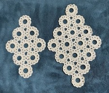 2 LOVELY ANTIQUE/VINTAGE SCALLOPED DIAMOND SHAPED ECRU/BEIGE HANDMADE DOILIES picture