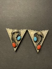 Vintage Navajo Sterling Silver Collar Tips Turquoise Coral Feather Leaf Unmarked picture