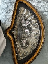 RARE WHITE LACE Antique Victorian fan framed glass flower arrangement. picture