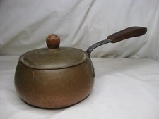 vintage Stockli Netstal Swiss hammered copper wood handled cooking pot pan + lid picture
