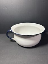 Vintage White Blue Trim Enameled Metal Cooking Large Mug Pot Primative Rustic picture