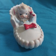 Vintage Baby Ornament Kewpie Style Lamode Fine China 10cm x 5cm Bassinet  picture
