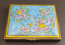 Antique Chinese Turquoise Blue Yellow Enamelware Brass Cigarette Trinket Box picture