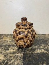 Iraya Mangyan Philippine Basket W Lid Chevron Zigzag Pattern Nito Black Vine 7” picture