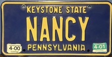 2001 Pennsylvania Vanity NANCY License Plate picture