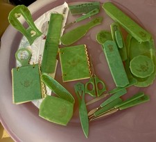 1920’s 24 PCS ART DECO GREEN CELLULOID  2 Address Books , VTG  Manicure, Sissors picture