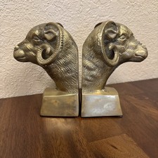 Vintage Brass Rams Head Sculpture Bookends Mid-Century 6” Heavy MCM Classic picture