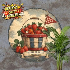 Fresh Strawberry Basket Market Tin Sign Round Country Fruit Kitchen Plaque 8x8 picture