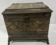 Vintage Carved Wooden Chest Box Floral Design Metal Accents Rustic Storage 24cm picture