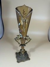 Vintage Amber Crackle Vase with Enamel Florals in Bronze Holder picture