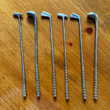 Set of 6 vintage Silver Metal Golf Club Cocktail Stirrers Swizzle Sticks picture