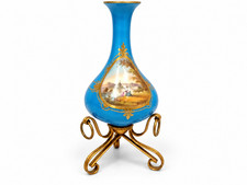 French Bleu Céleste Porcelain Vase Antique Hand Painted Landscape Gilt Base 8.25 picture
