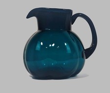 Vintage Hand-Blown Cyan (Greenish Blue) Glass Pitcher with Handle picture