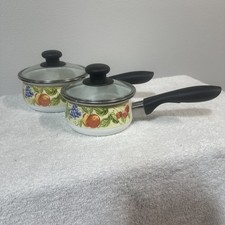 VTG Two White Farmhouse Porcelain Enamel Pots with Lids, fruit prints Gibson picture