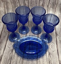 Vintage Avon Fostoria Cobalt Goblets Set Of 4 with Candy Dish picture