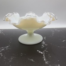 Pedestal Clear and Milk Glass Crimped and Ruffled Edges Fenton Crest Bowl picture
