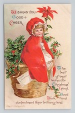 Vintage 1910s Ellen Clapsaddle Christmas Girl Holly Embossed Germany Postcard picture